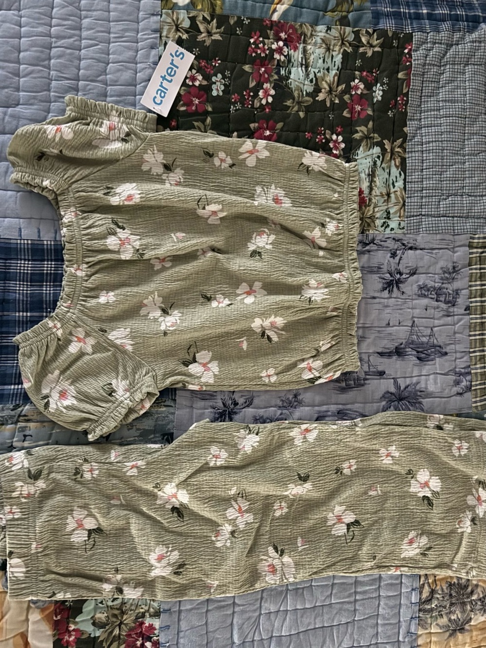 Carter's Olive Green Floral Crinkled Two-Piece Outfit
